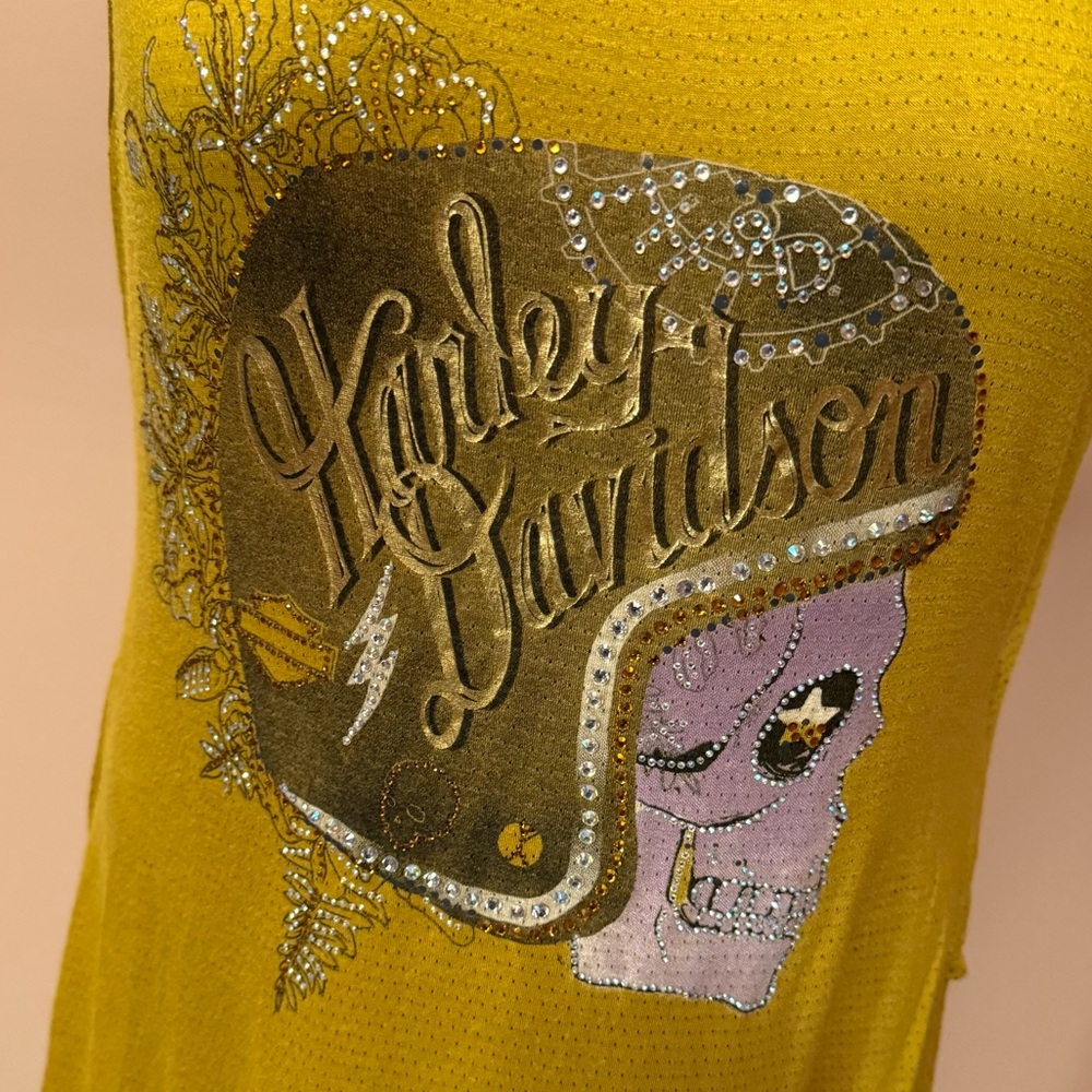 Harley Davidson Sparkly Skull with Helmet Tank Gold size XL T 11